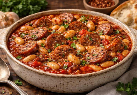 Fra-diavolo sausage and beans with La San Marzano arrabbiata sauce