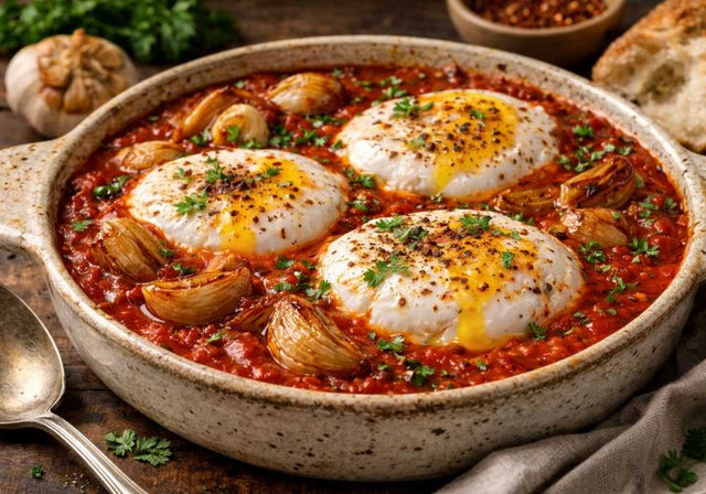 Poached eggs in roasted garlic sauce