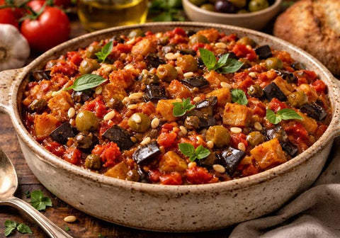 Vegan caponata with La San Marzano tomato and basil sauce
